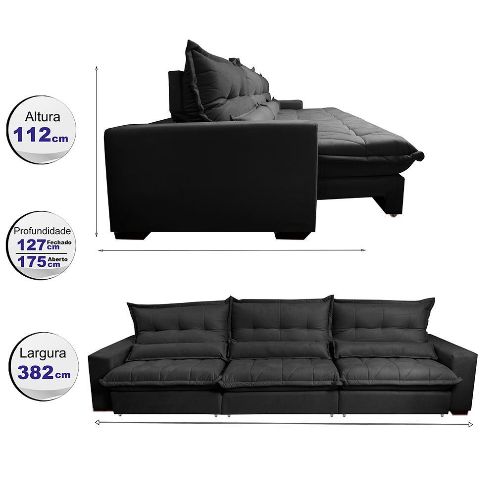 Sofá Retrátil e Reclinável 3,82m com Molas Ensacadas Cama Inbox Soft Tecido Suede Velusoft Preto - 2