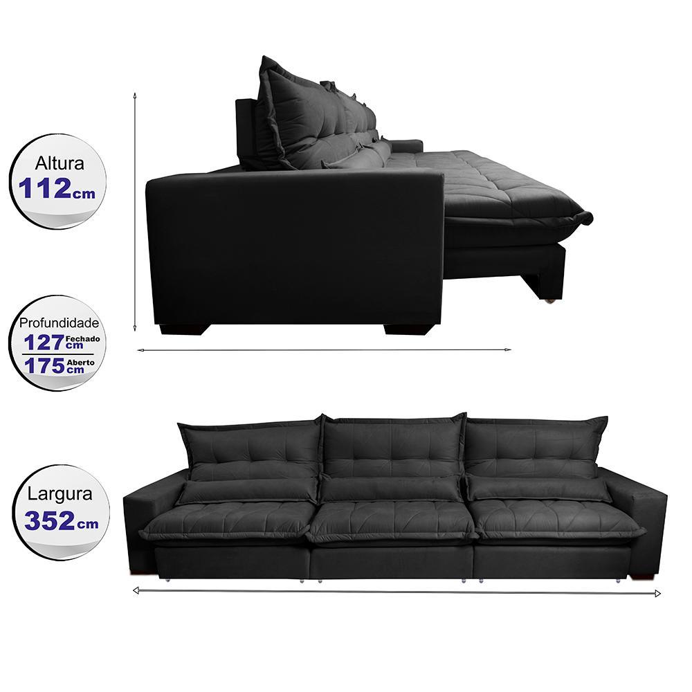 Sofá Retrátil e Reclinável 3,52m com Molas Ensacadas Cama Inbox Soft Tecido Suede Velusoft Preto - 2