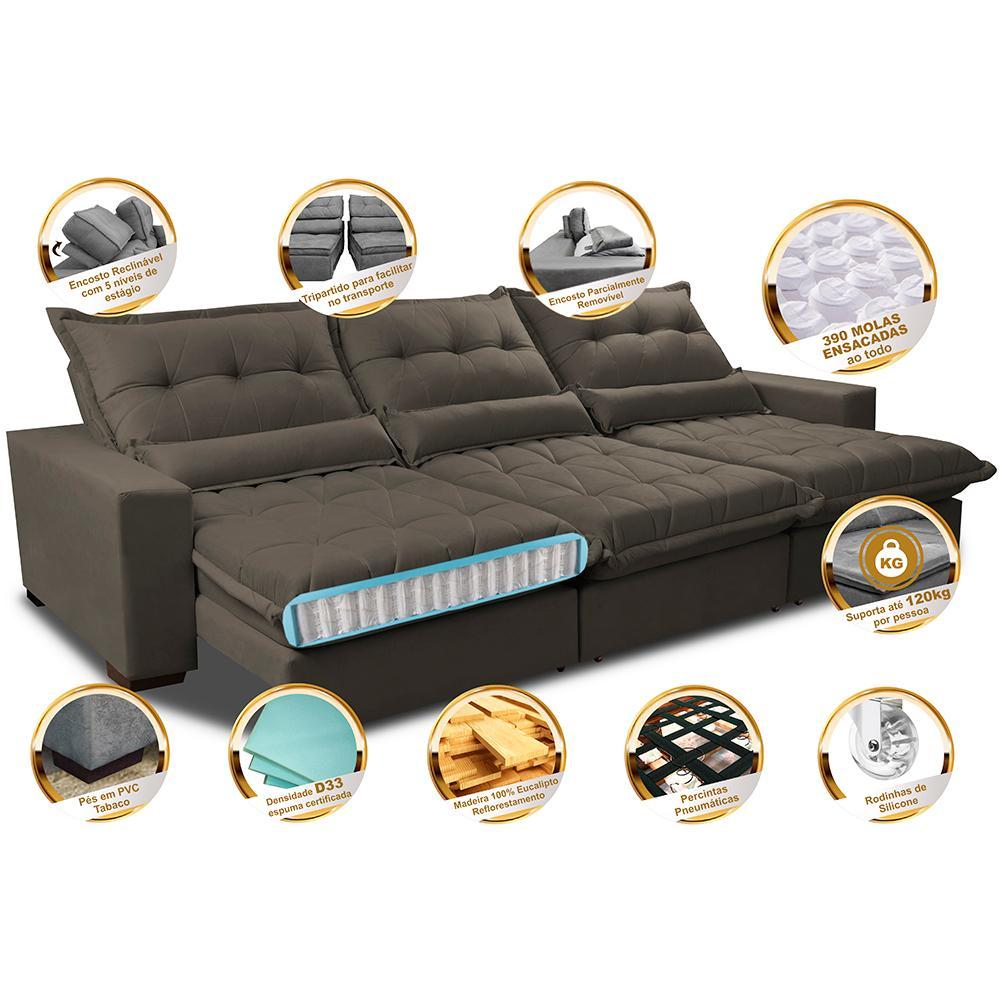 Sofá Retrátil e Reclinável 3,52m com Molas Ensacadas Cama Inbox Soft Tecido Suede Velusoft Café - 3