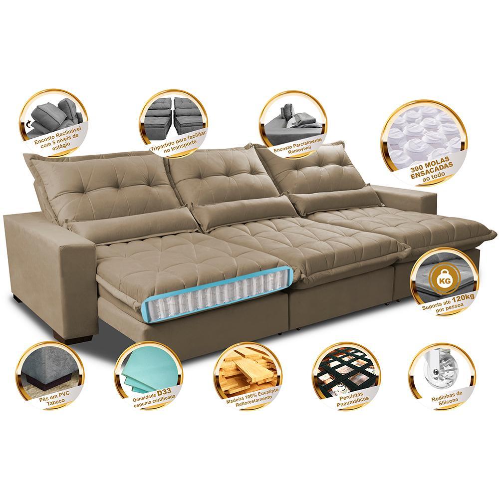 Sofá Retrátil e Reclinável 3,52m com Molas Ensacadas Cama Inbox Soft Tecido Suede Velusoft Castor - 3