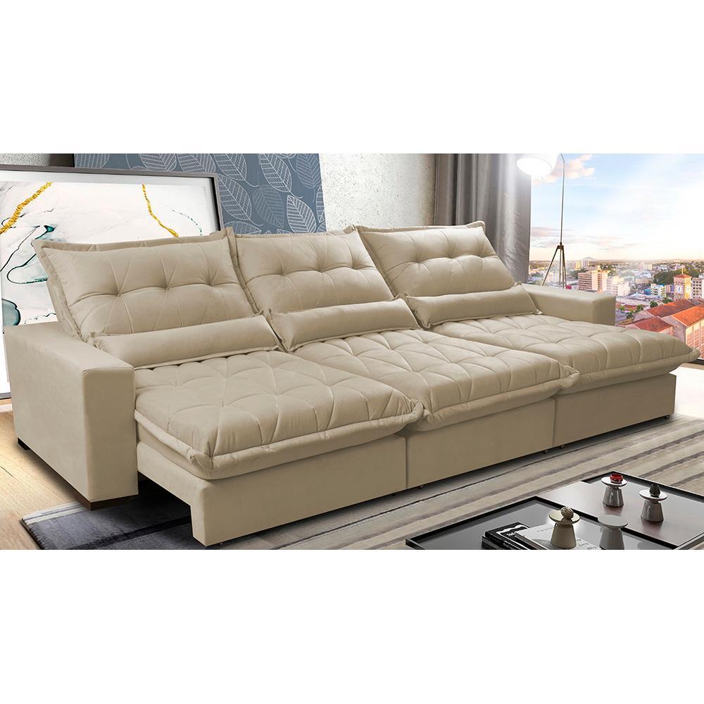 Sofá Retrátil e Reclinável 3,82m com Molas Ensacadas Cama Inbox Soft Tecido Suede Velusoft Bege - 1