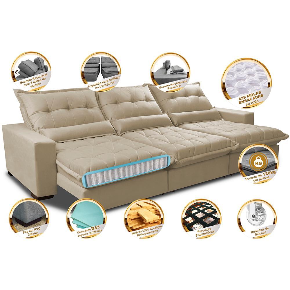Sofá Retrátil e Reclinável 3,82m com Molas Ensacadas Cama Inbox Soft Tecido Suede Velusoft Bege - 3