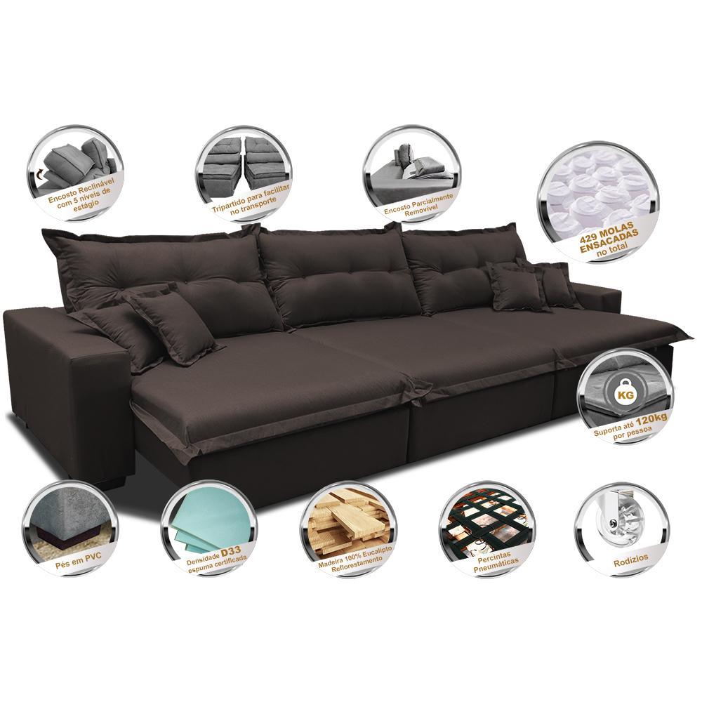 Sofá Retrátil e Reclinável 3,82m com Molas Ensacadas Cama inBox Prime Tecido Linho Marrom - 3