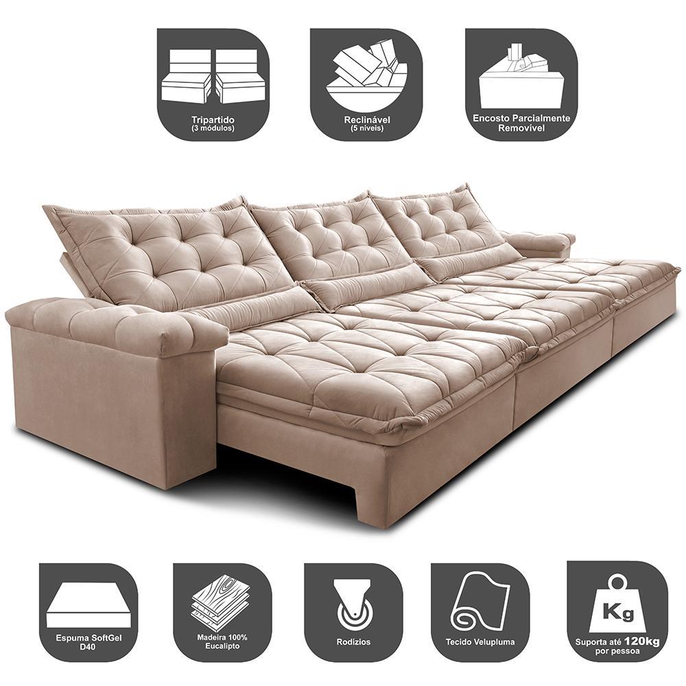 Sofá Retrátil e Reclinável 3,55m Cama inBox Big Fresh com SoftGel D40 Velupluma Bege - 3