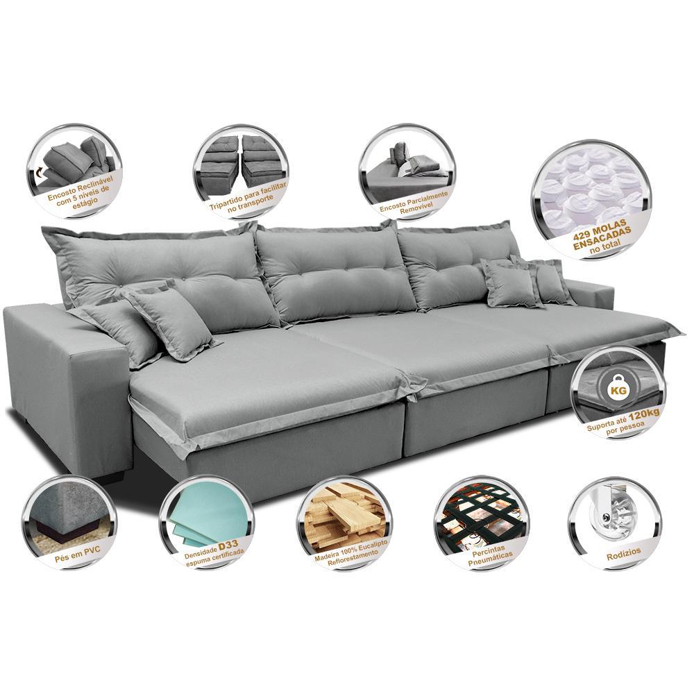 Sofá Retrátil e Reclinável 3,82m com Molas Ensacadas Cama inBox Prime Tecido Linho Cinza Claro - 3