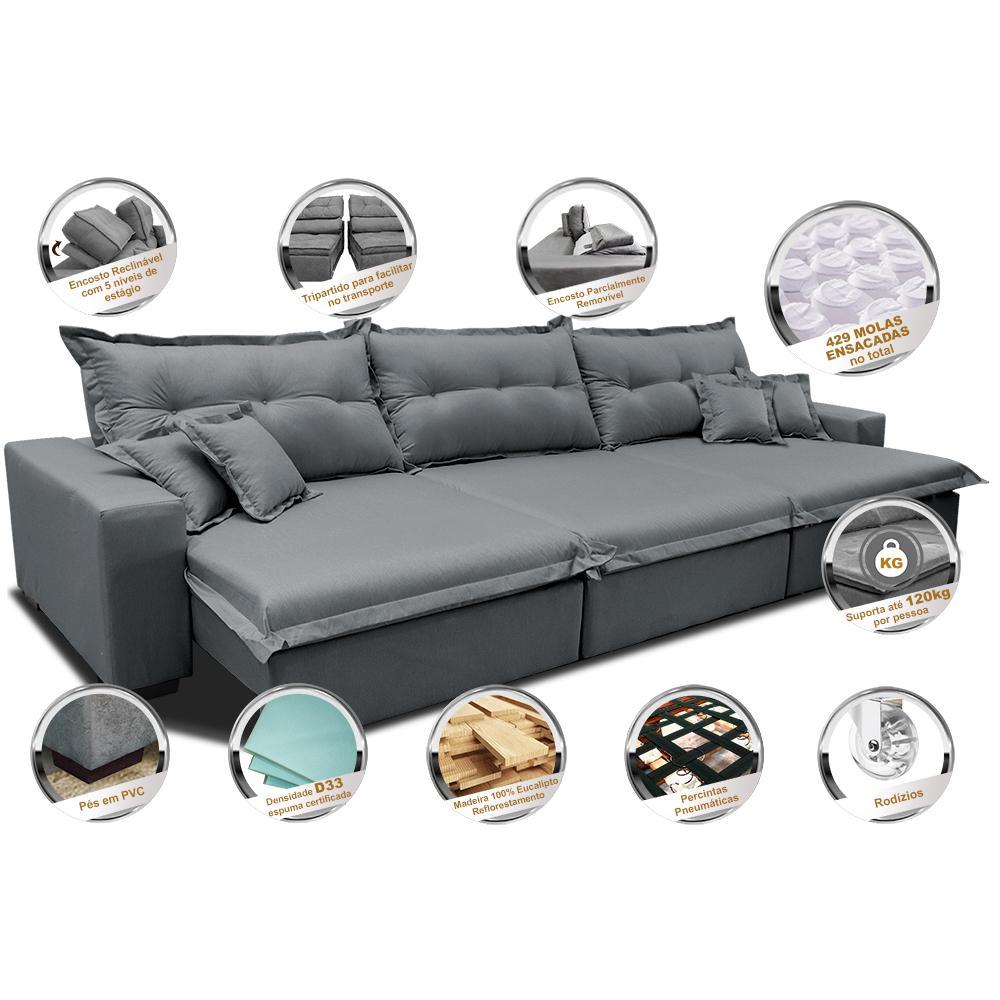 Sofá Retrátil e Reclinável 3,82m com Molas Ensacadas Cama inBox Prime Tecido Linho Cinza Escuro - 3
