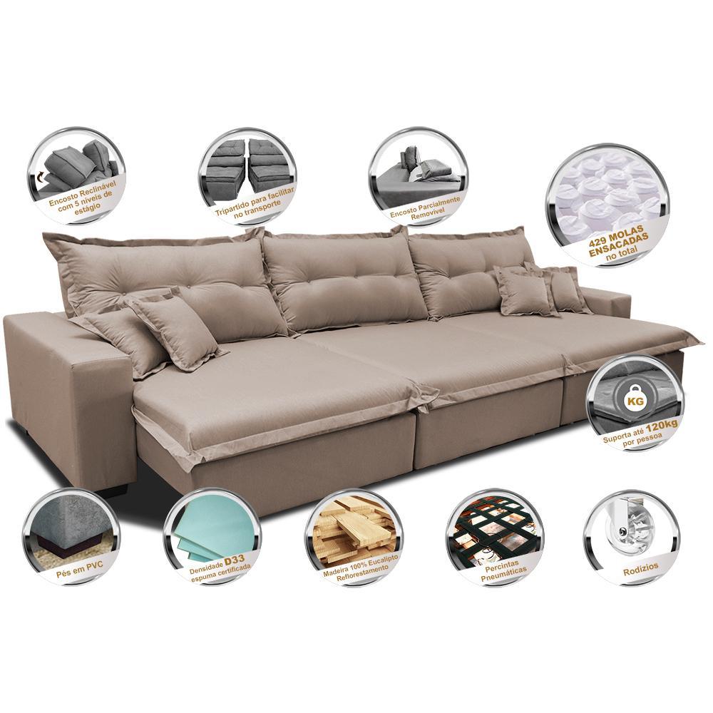 Sofá Retrátil e Reclinável 3,82m com Molas Ensacadas Cama inBox Prime Tecido Linho Bege Escuro - 3