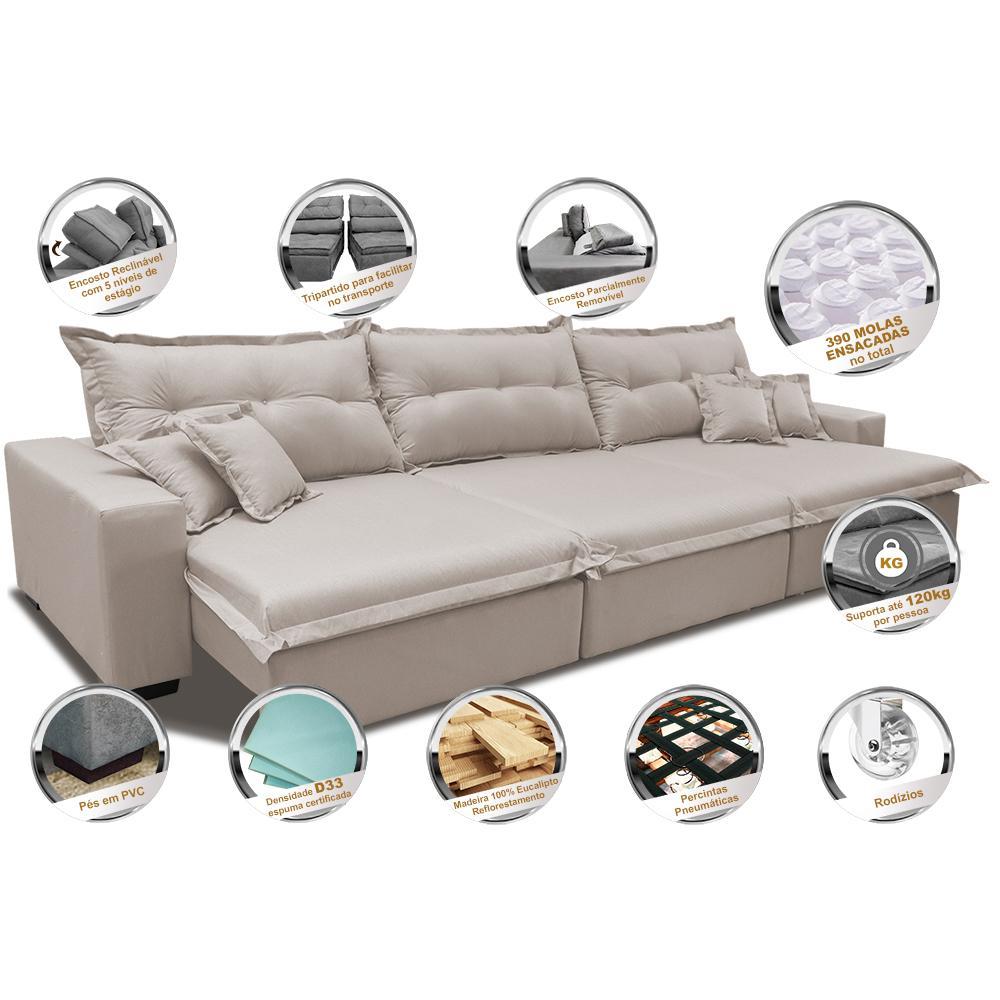 Sofá Retrátil e Reclinável 3,52m com Molas Ensacadas Cama inBox Prime Tecido Linho Bege Claro - 3