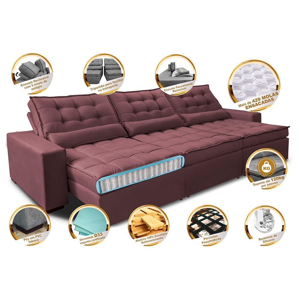 Sofá Retrátil e Reclinável 3,82m com Molas Ensacadas Cama Inbox Gold Tecido Suede Velusoft Vinho - 3