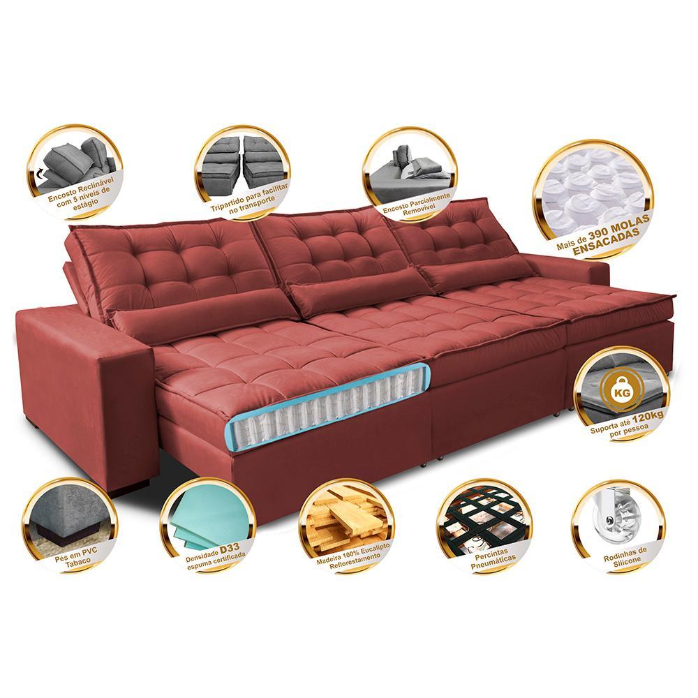 Sofá Retrátil e Reclinável 3,52m com Molas Ensacadas Cama Inbox Gold Tecido Suede Velusoft Vermelho - 3