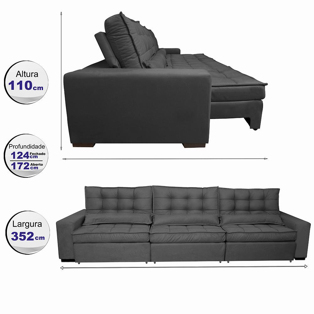 Sofá Retrátil e Reclinável 3,52m com Molas Ensacadas Cama Inbox Gold Tecido Suede Velusoft Preto - 2