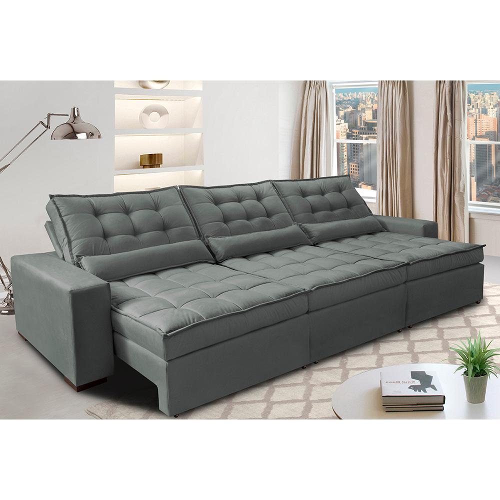 Sofá Retrátil e Reclinável 3,52m com Molas Ensacadas Cama Inbox Gold Tecido Suede Velusoft Cinza - 1
