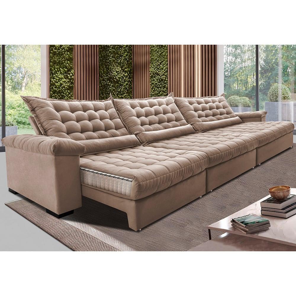 Sofá Retrátil e Reclinável 3,55m Molas Ensacadas Cama inBox Big Space com Bordado 3D Velusoft Bege - 1