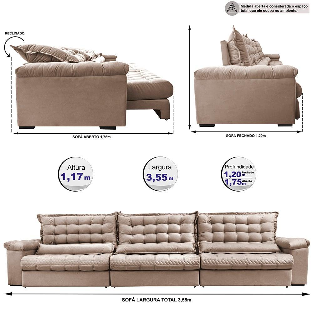 Sofá Retrátil e Reclinável 3,55m Molas Ensacadas Cama inBox Big Space com Bordado 3D Velusoft Bege - 2