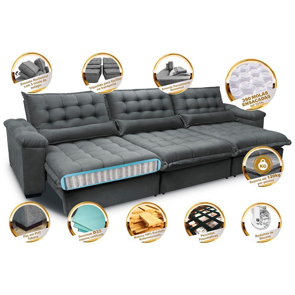 Sofá Retrátil e Reclinável 3,52m com Molas Ensacadas Cama inBox Aconchego Tecido Velusoft Cinza - 3