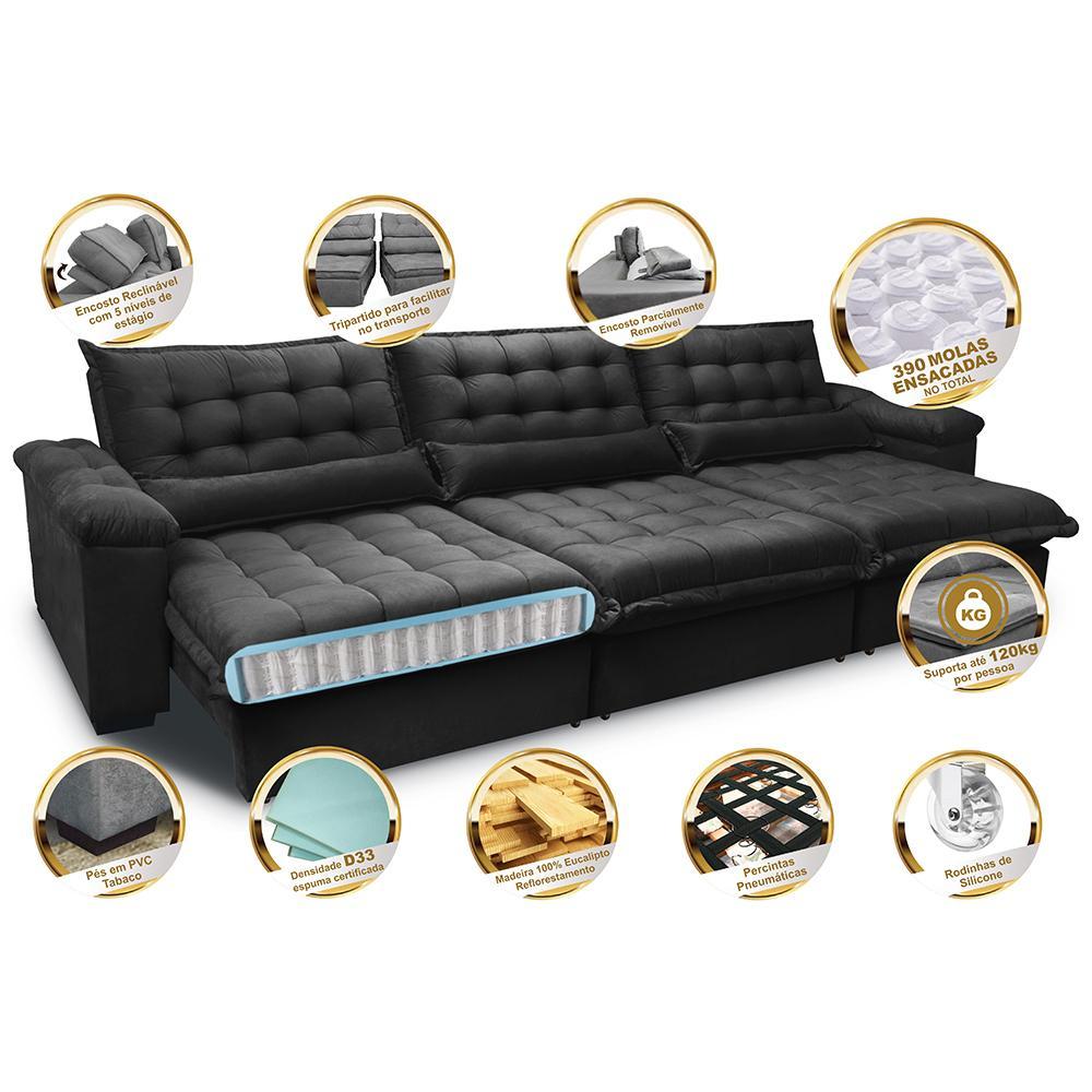 Sofá Retrátil e Reclinável 3,52m com Molas Ensacadas Cama inBox Aconchego Tecido Velusoft Preto - 3