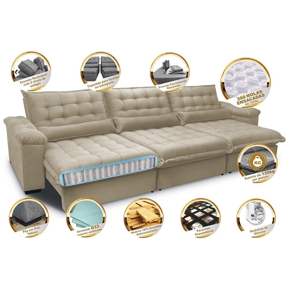 Sofá Retrátil e Reclinável 3,52m com Molas Ensacadas Cama inBox Aconchego Tecido Velusoft Bege - 3