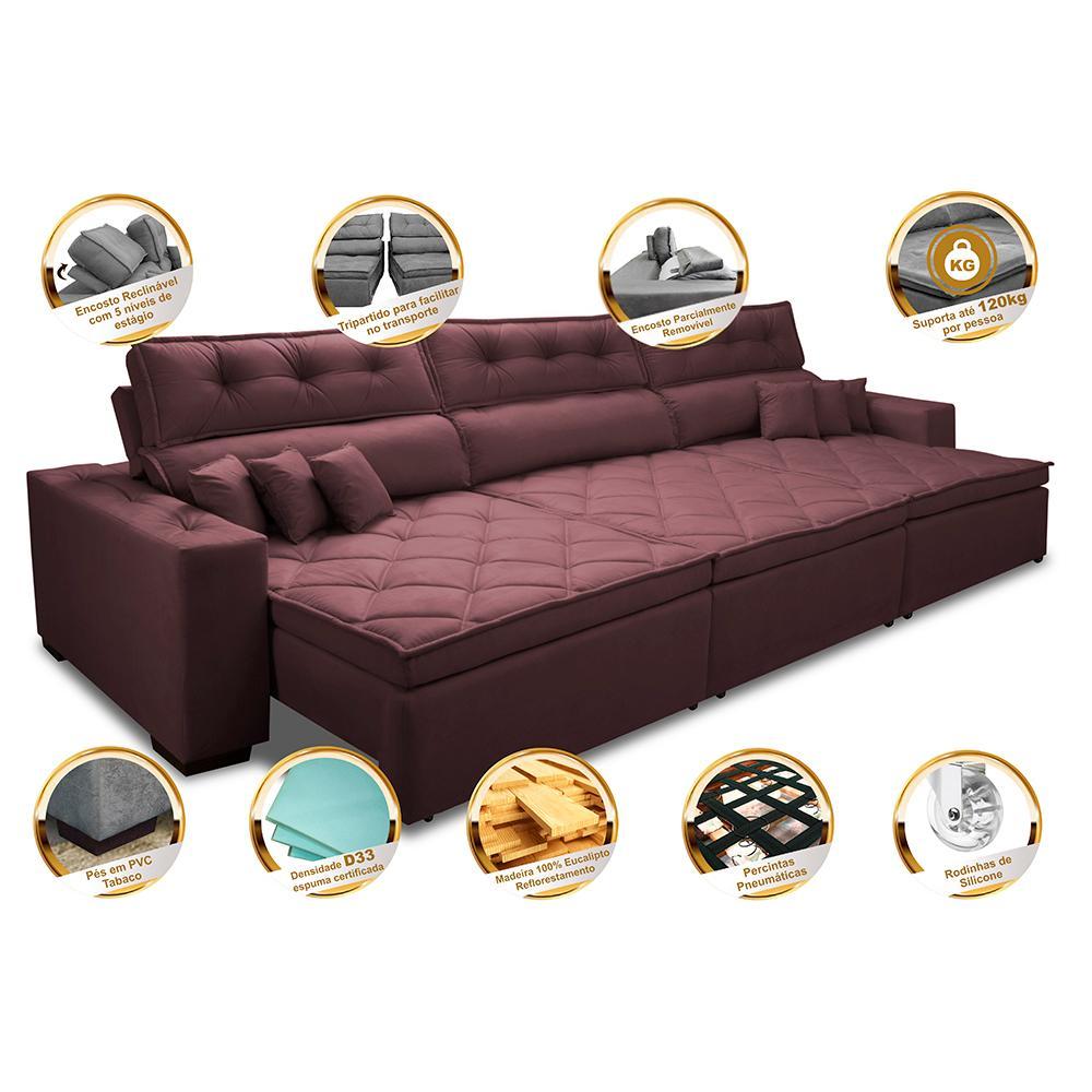 Sofá Retrátil e Reclinável 3,52m Austin com Molas no Assento Tecido Suede Velusoft Vinho - 3