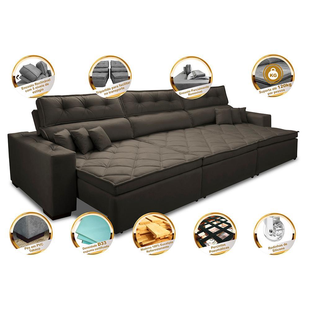 Sofá Retrátil e Reclinável 3,52m Austin com Molas no Assento Tecido Suede Velusoft Café - 3