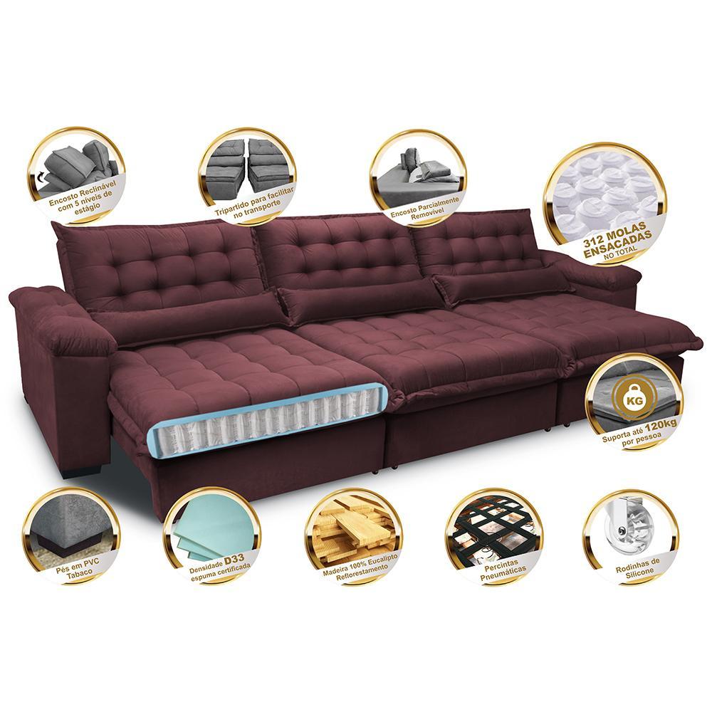 Sofá Retrátil e Reclinável 3,22m com Molas Ensacadas Cama inBox Aconchego Tecido Suede Vinho - 3