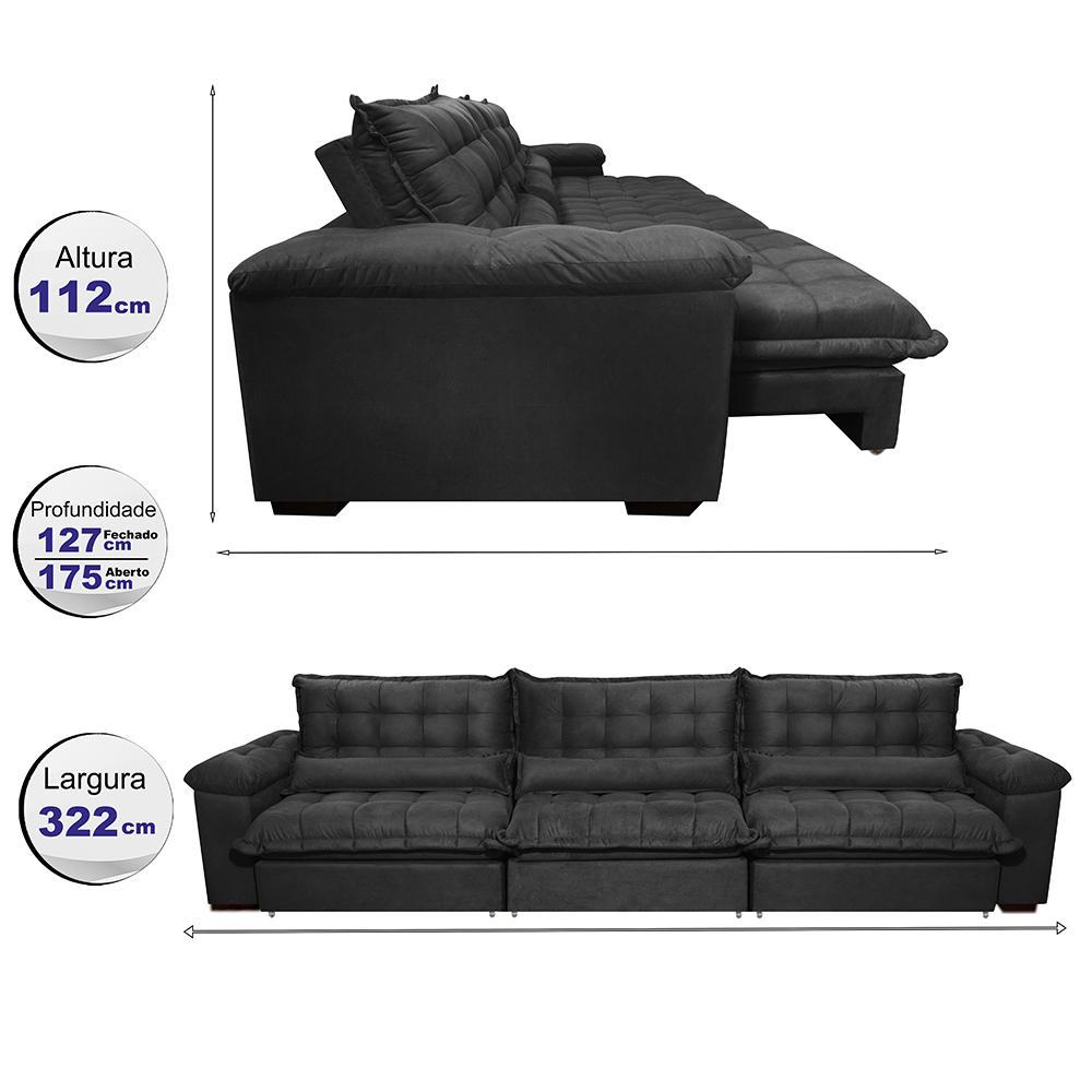 Sofá Retrátil e Reclinável 3,22m com Molas Ensacadas Cama inBox Aconchego Tecido Suede Preto - 2