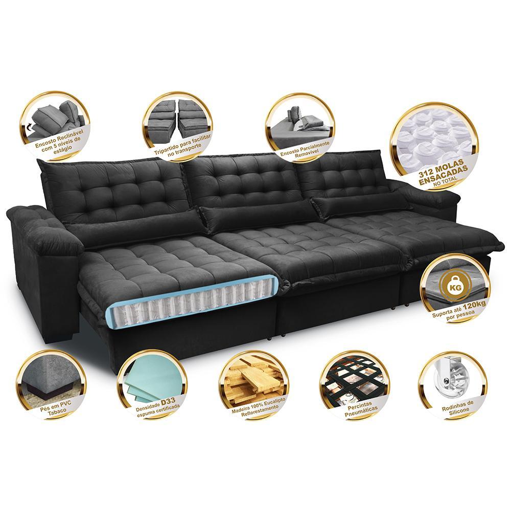 Sofá Retrátil e Reclinável 3,22m com Molas Ensacadas Cama inBox Aconchego Tecido Suede Preto - 3