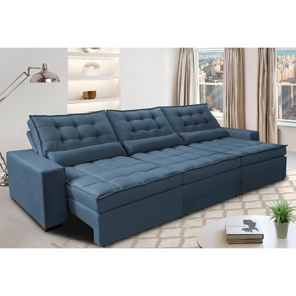 Sofá Retrátil e Reclinável 3,82m com Molas Ensacadas Cama Inbox Gold Tecido Suede Velusoft Azul - 1