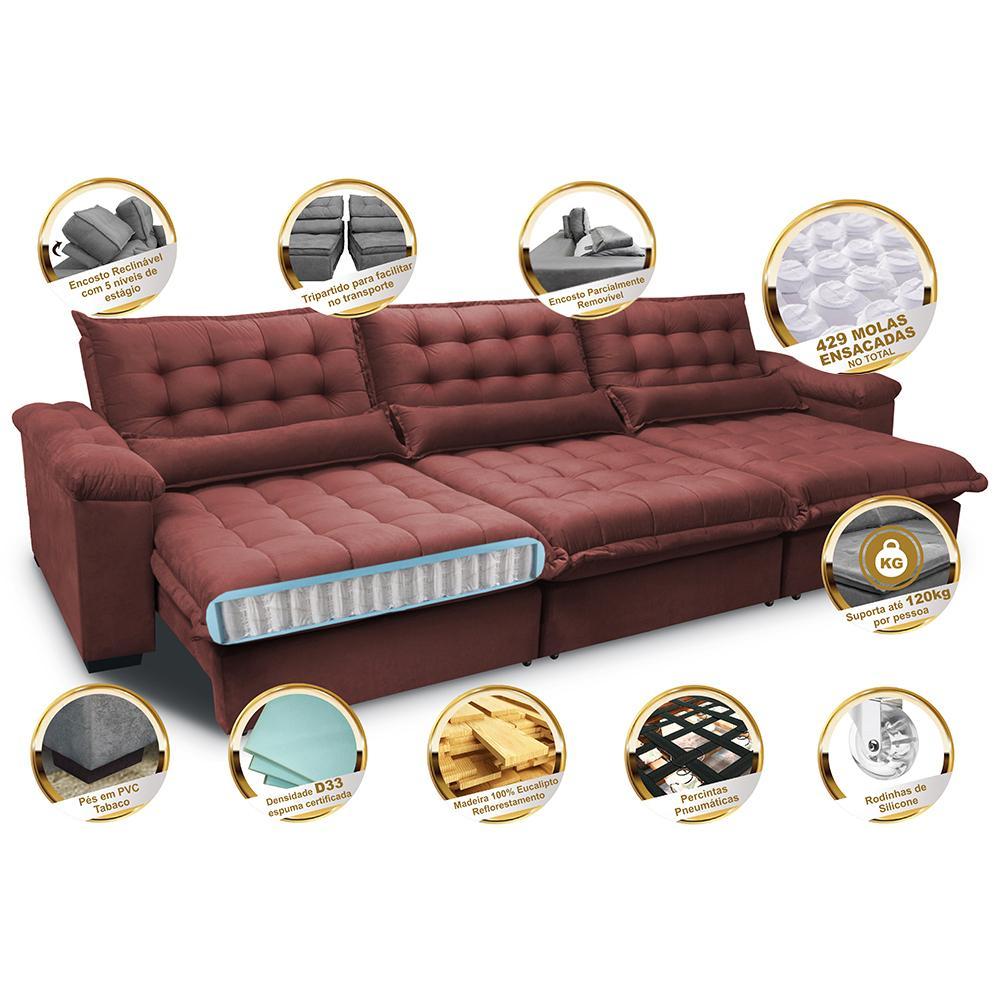 Sofá Retrátil e Reclinável 3,82m com Molas Ensacadas Cama inBox Aconchego Tecido Velusoft Vermelho - 3