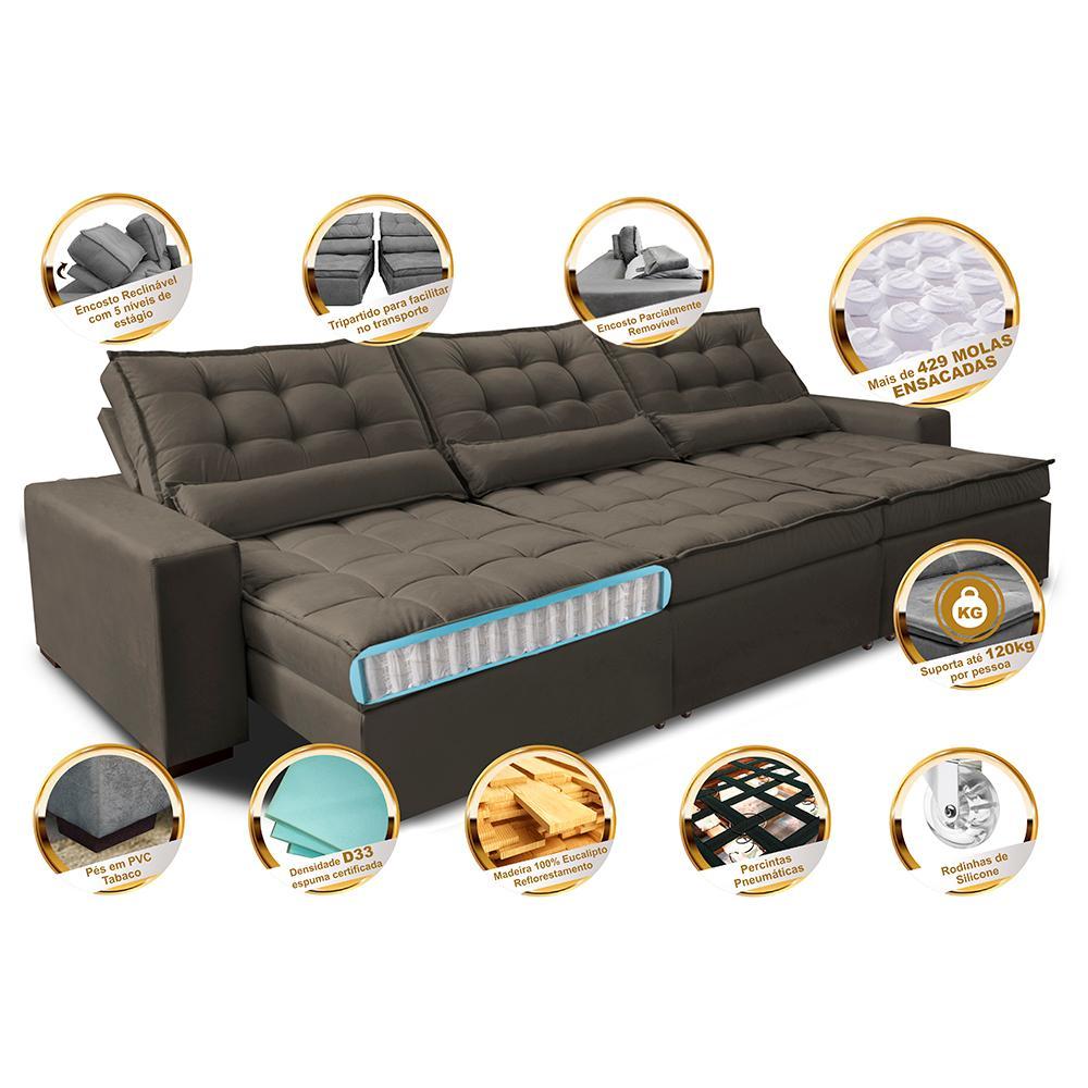 Sofá Retrátil e Reclinável 3,82m com Molas Ensacadas Cama Inbox Gold Tecido Suede Velusoft Café - 3