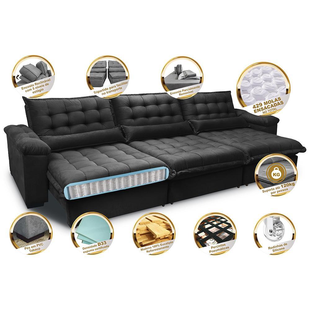Sofá Retrátil e Reclinável 3,82m com Molas Ensacadas Cama inBox Aconchego Tecido Velusoft Preto - 3