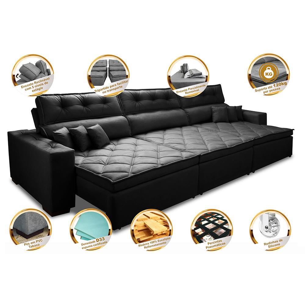 Sofá Retrátil e Reclinável 3,82m Austin com Molas no Assento Tecido Suede Velusoft Preto - 3