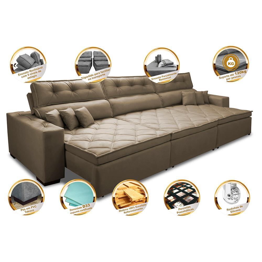 Sofá Retrátil e Reclinável 3,82m Austin com Molas no Assento Tecido Suede Velusoft Castor - 3