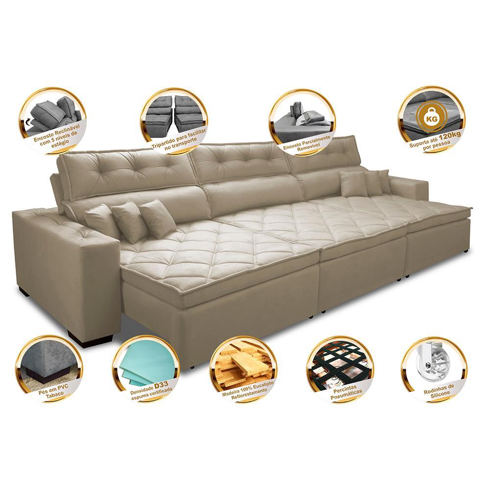 Sofá Retrátil e Reclinável 3,82m Austin com Molas no Assento Tecido Suede Velusoft Bege - 3
