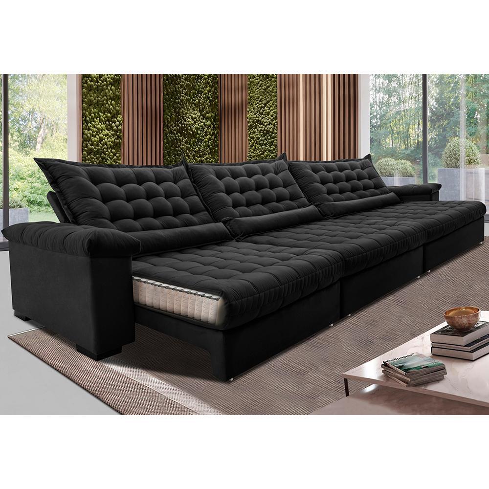 Sofá Retrátil e Reclinável 4,15m Molas Ensacadas Cama inBox Big Space com Bordado 3D Velusoft Preto - 1
