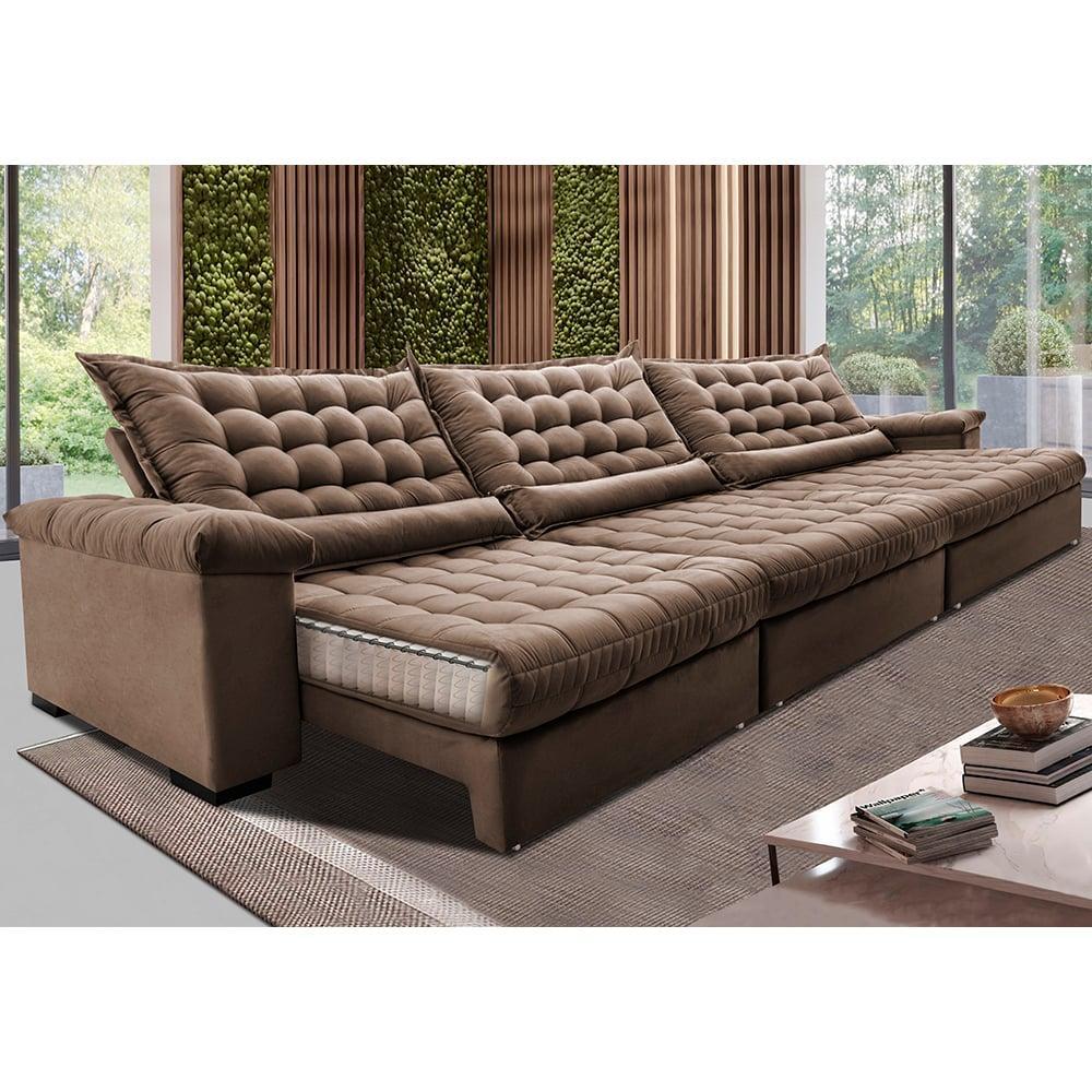 Sofá Retrátil e Reclinável 4,15m Molas Ensacadas Cama inBox Big Space com Bordado 3D Velusoft Castor - 1