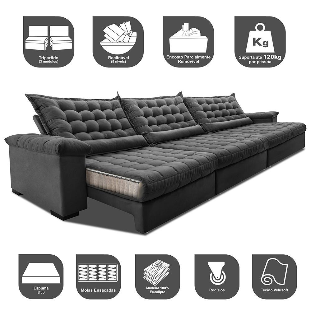 Sofá Retrátil e Reclinável 4,15m Molas Ensacadas Cama inBox Big Space com Bordado 3D Velusoft Cinza - 3
