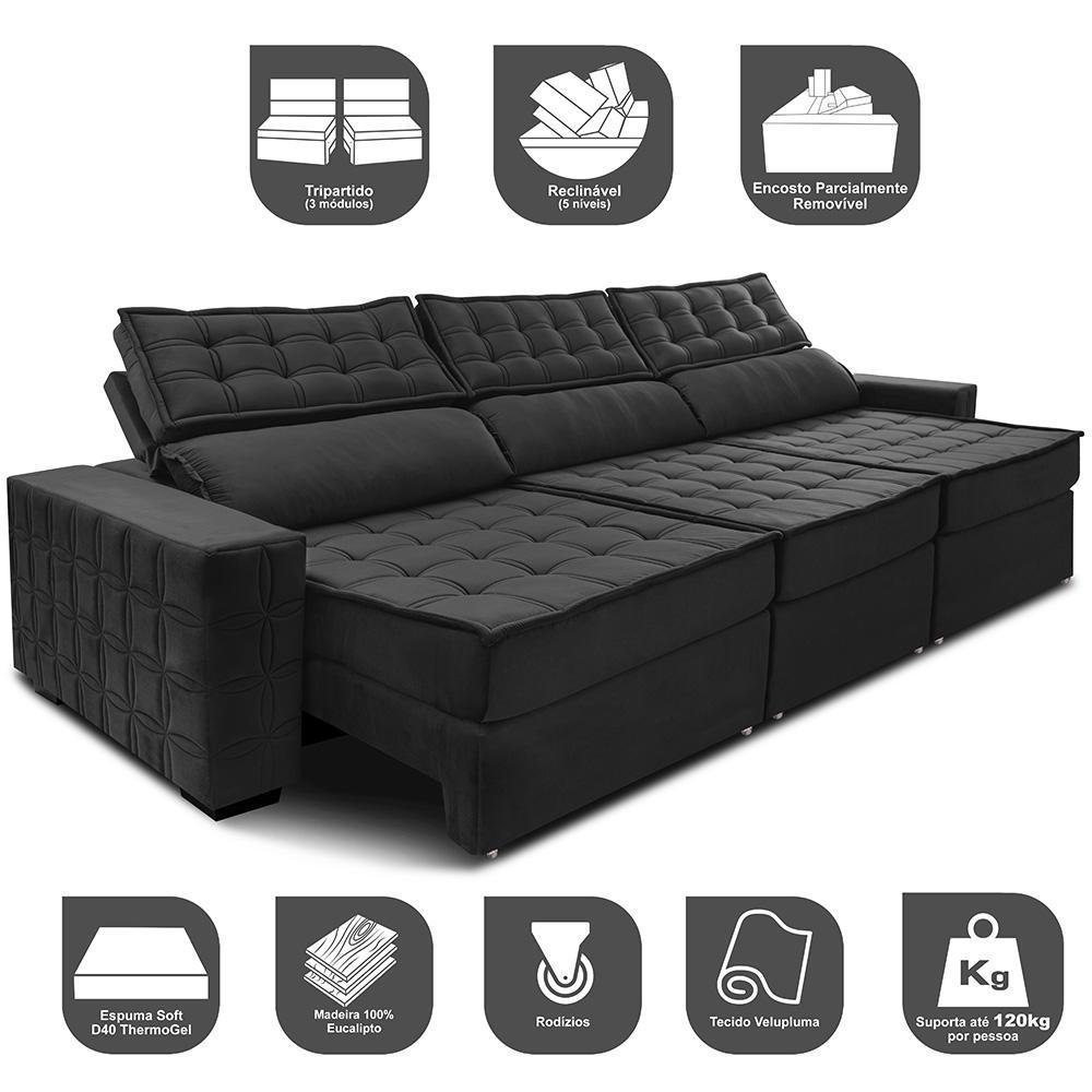 Sofá Retrátil e Reclinável 4,15m Cama inBox Big Star com SoftGel D40 Velupluma Preto - 3