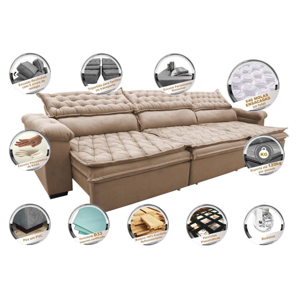 Sofá Retrátil e Reclinável 4,12m Molas Ensacadas Cama inBox Botonê Espuma Viscoelástico Bege - 3