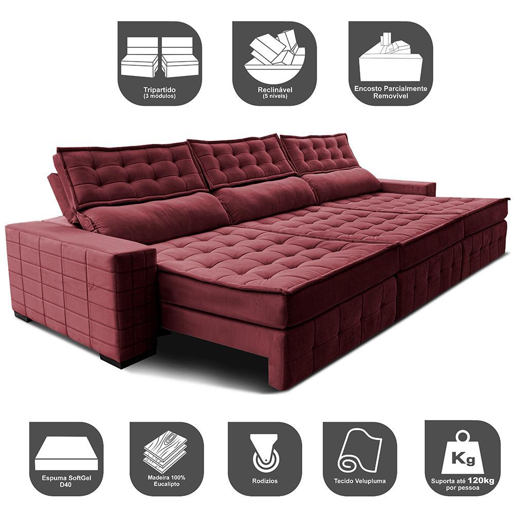Sofá Retrátil e Reclinável 4,15m Cama inBox Big Puffer com SoftGel D40 Velupluma Vinho - 3