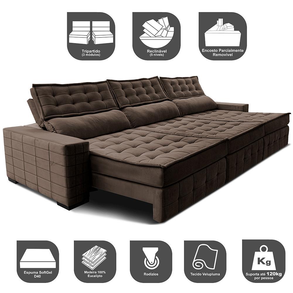 Sofá Retrátil e Reclinável 4,15m Cama inBox Big Puffer com SoftGel D40 Velupluma Café - 3