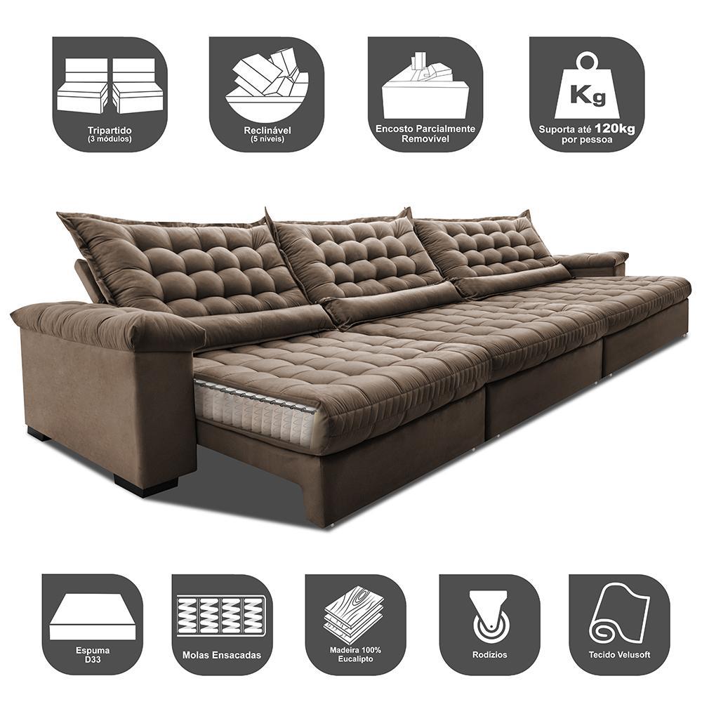 Sofá Retrátil e Reclinável 3,85m Molas Ensacadas Cama inBox Big Space com Bordado 3D Velusoft Castor - 3