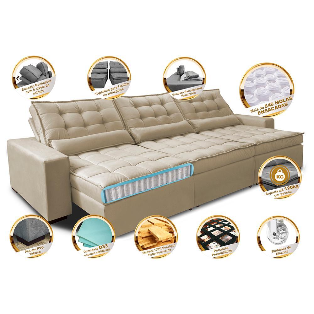 Sofá Retrátil e Reclinável 4,12m com Molas Ensacadas Cama Inbox Gold Tecido Suede Velusoft Bege - 3