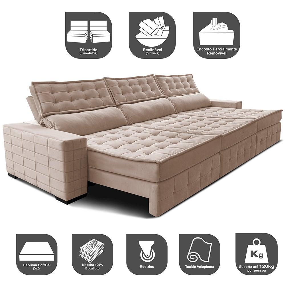 Sofá Retrátil e Reclinável 4,15m Cama inBox Big Puffer com SoftGel D40 Velupluma Bege - 3
