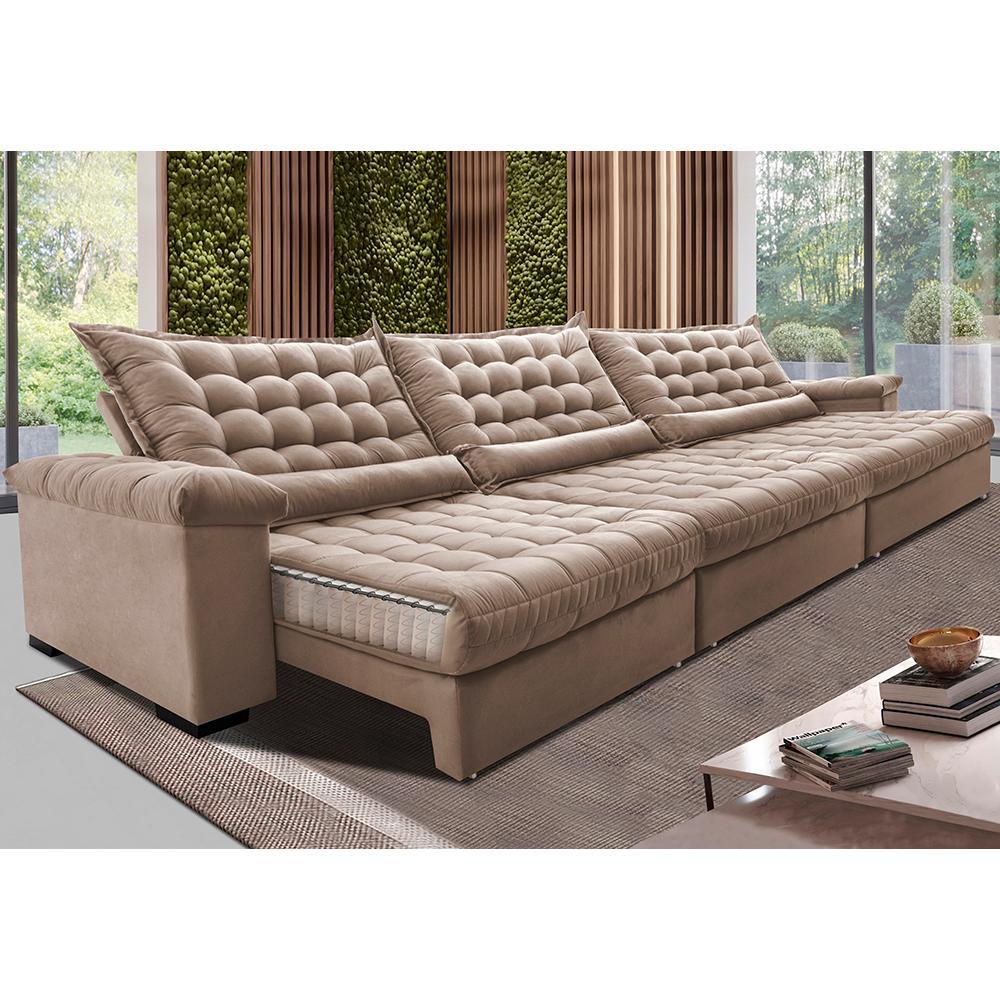 Sofá Retrátil e Reclinável 3,85m Molas Ensacadas Cama inBox Big Space com Bordado 3D Velusoft Bege - 1