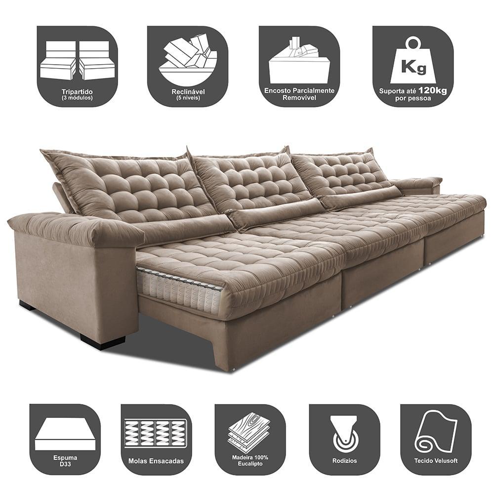 Sofá Retrátil e Reclinável 3,85m Molas Ensacadas Cama inBox Big Space com Bordado 3D Velusoft Bege - 3