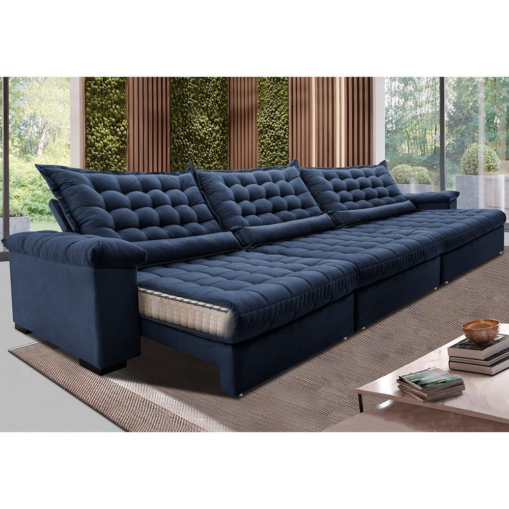 Sofá Retrátil e Reclinável 3,85m Molas Ensacadas Cama inBox Big Space com Bordado 3D Velusoft Azul - 1