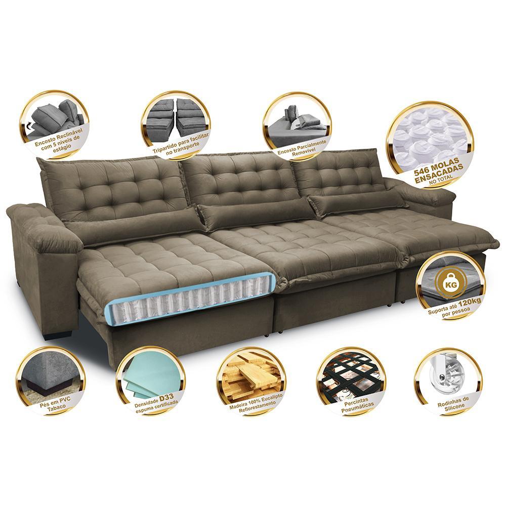 Sofá Retrátil e Reclinável 4,12m com Molas Ensacadas Cama inBox Aconchego Tecido Velusoft Castor - 3