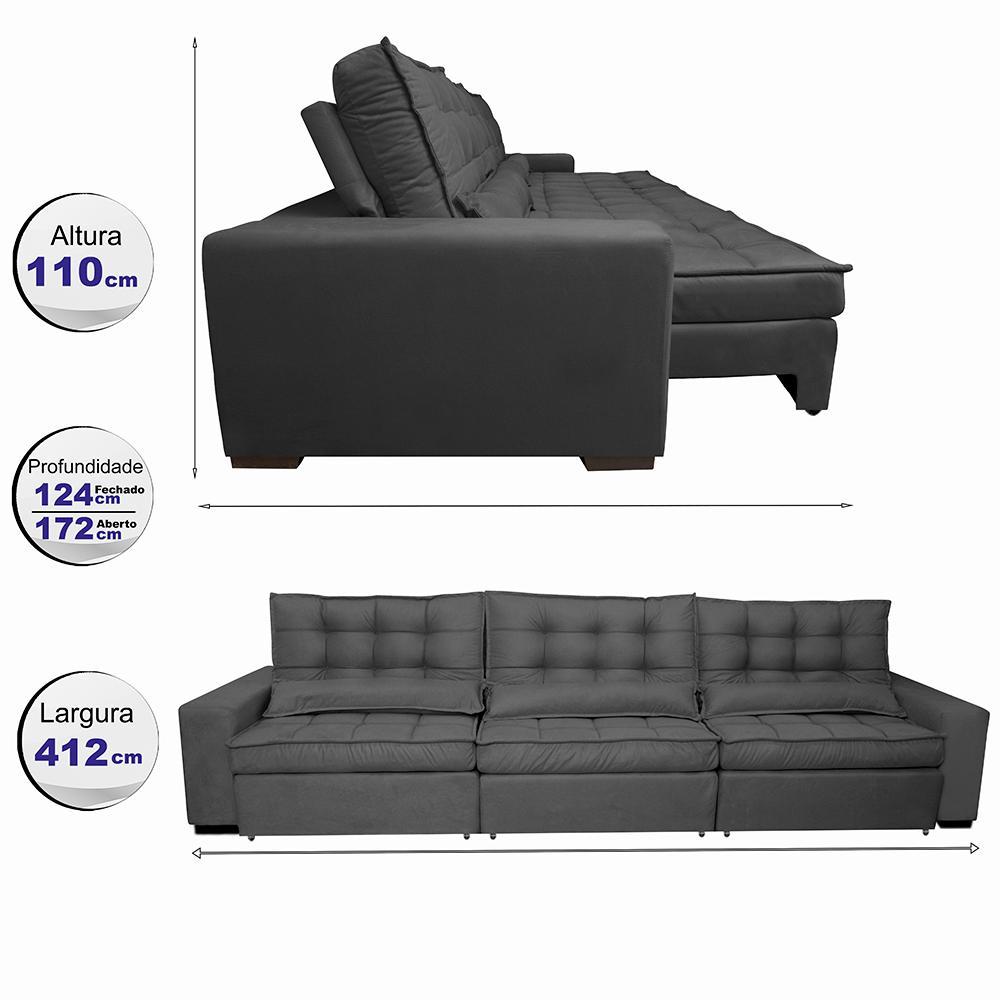 Sofá Retrátil e Reclinável 4,12m com Molas Ensacadas Cama Inbox Gold Tecido Suede Velusoft Preto - 2