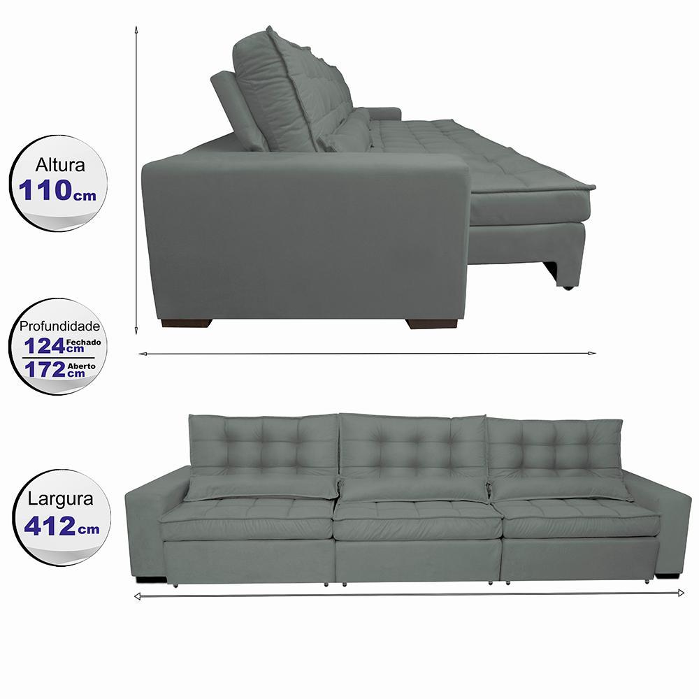 Sofá Retrátil e Reclinável 4,12m com Molas Ensacadas Cama Inbox Gold Tecido Suede Velusoft Cinza - 2