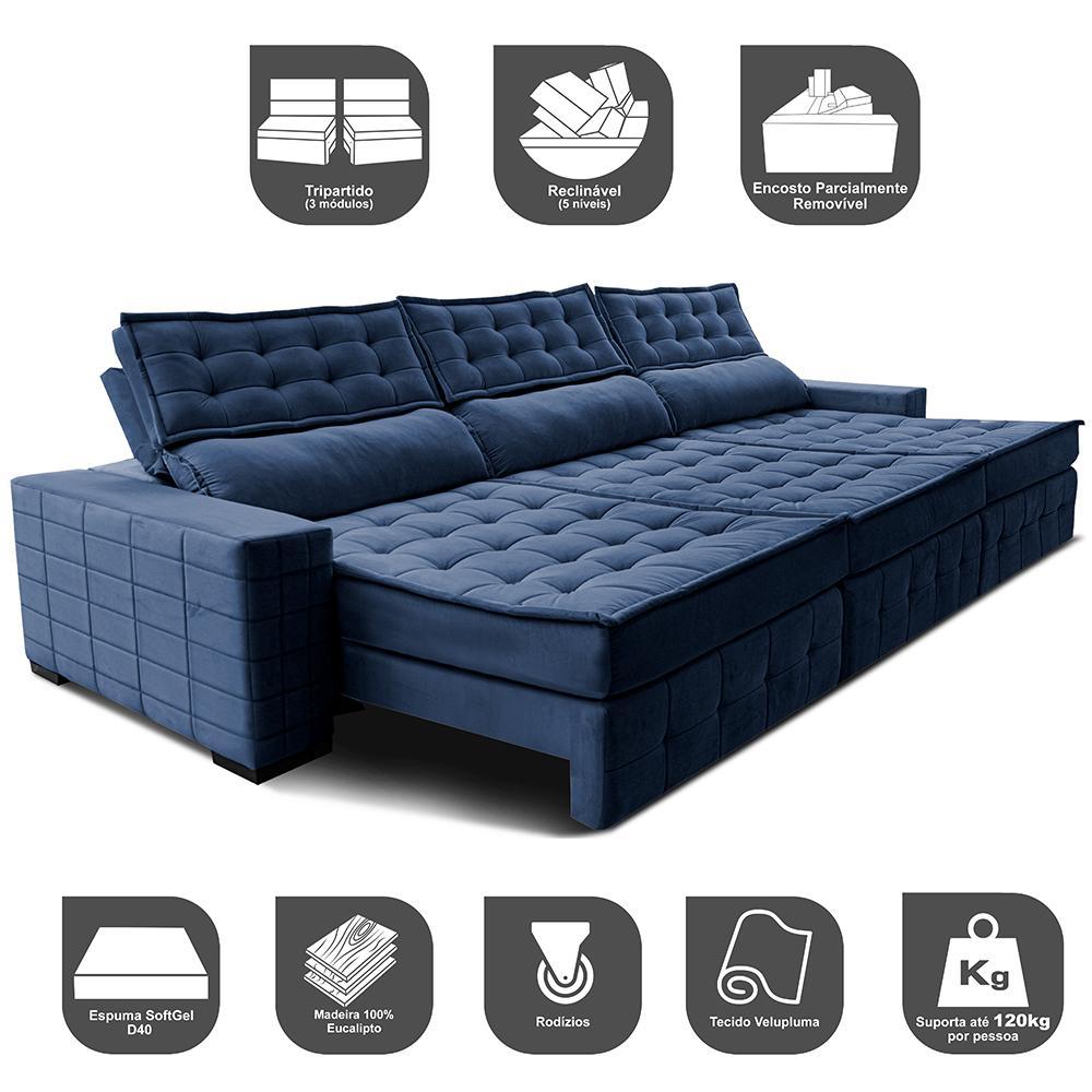 Sofá Retrátil e Reclinável 3,85m Cama inBox Big Puffer com SoftGel D40 Velupluma Azul - 3